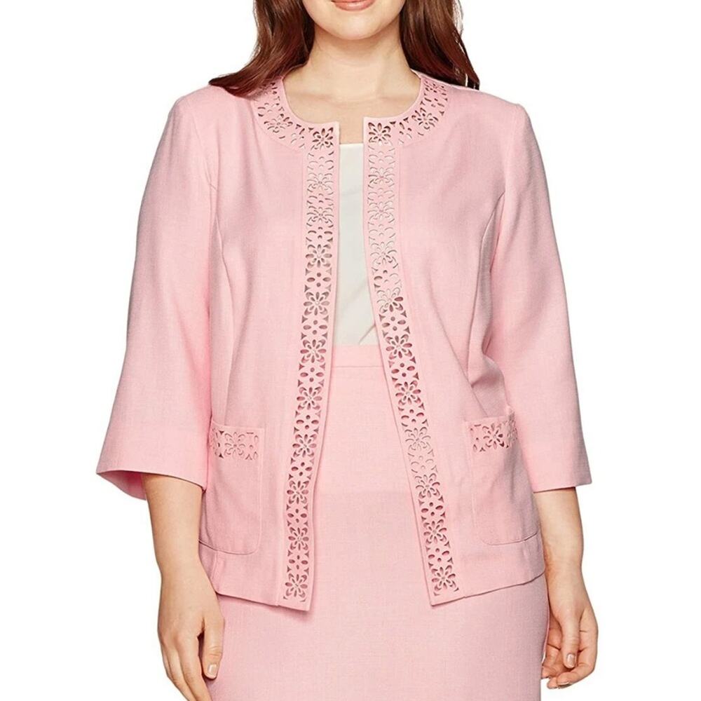 Alfred Dunner Jacket Size 10 Petite Pink Laser Cut Rhinestone Open Front NWOT